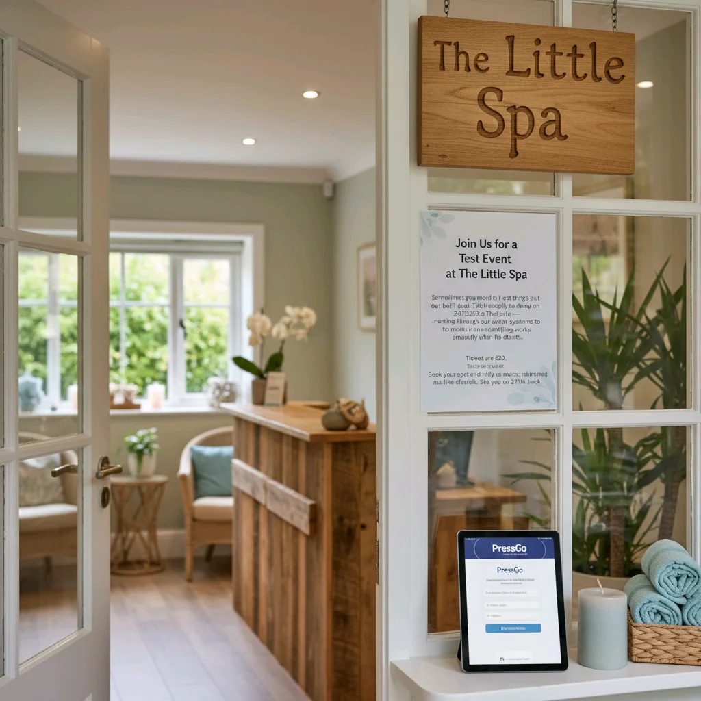 Entrance to The Little Spa with wooden sign, event poster, and digital check-in tablet on white door